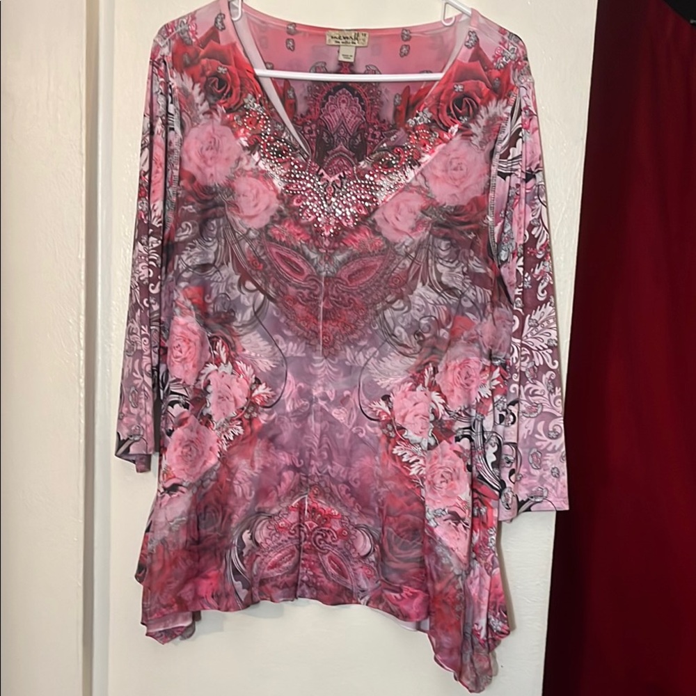 ONE WORLD Pink Red Embellished Asymmetrical Tunic